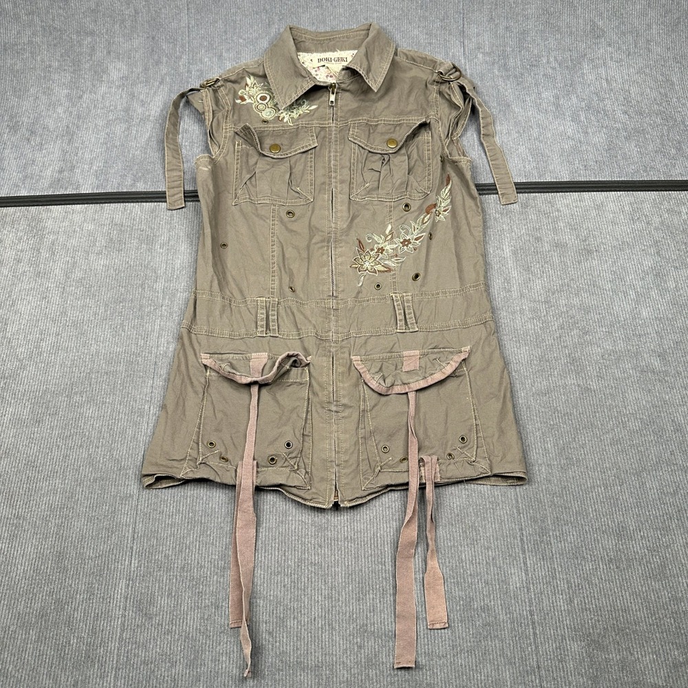 Doki-Geki Utility Vest Floral Embroidery Cargo Pockets Olive Size S